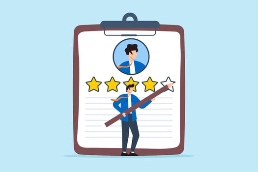 Businesswoman painting star on candidate profile highlighting top talent marking exceptional visual recognition standout hires vector