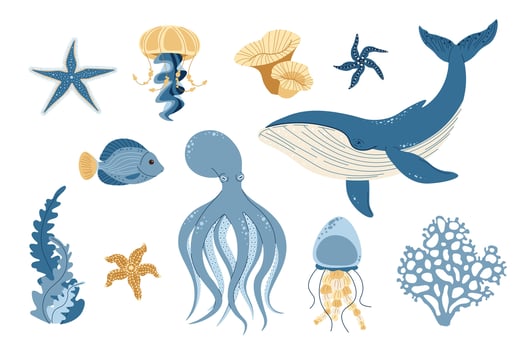 Hand drawn ocean creatures in flat doodle style. sea creatures on isolated background. Suitable for stickers, design, decoration. vector