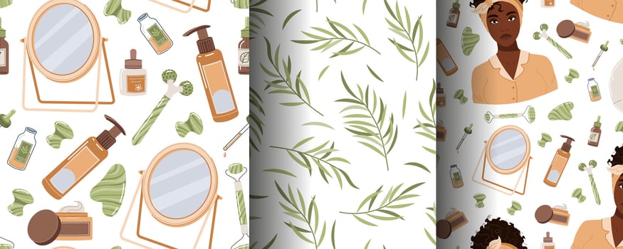 Seamless pattern with skin care products. A set of backgrounds with beauty products, creams, gua sha, etc. Skin and body care vector