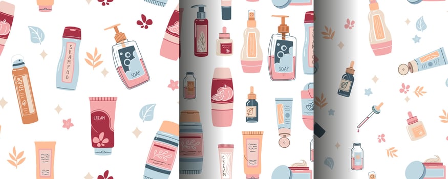 Seamless pattern with skin care products. Set of backgrounds with beauty products, creams, gels, etc. Skin and body care vector