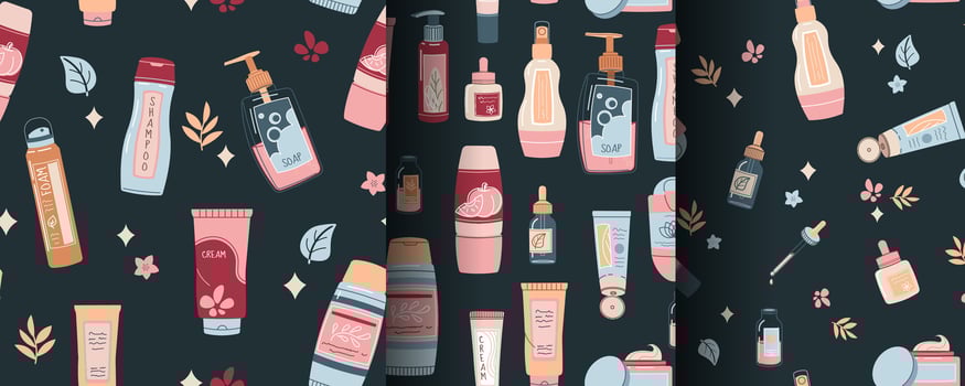 Seamless pattern with skin care products. Set of backgrounds with beauty products, creams, gels, etc. Skin and body care vector