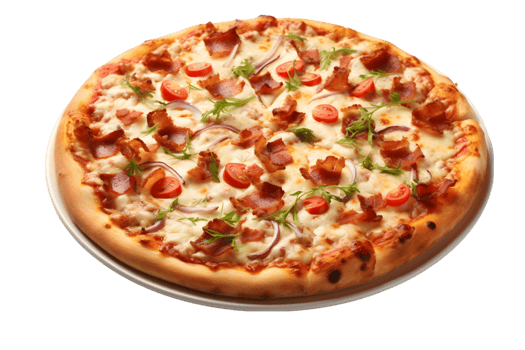Pizza with bacon, mozzarella and tomato on transparent background png