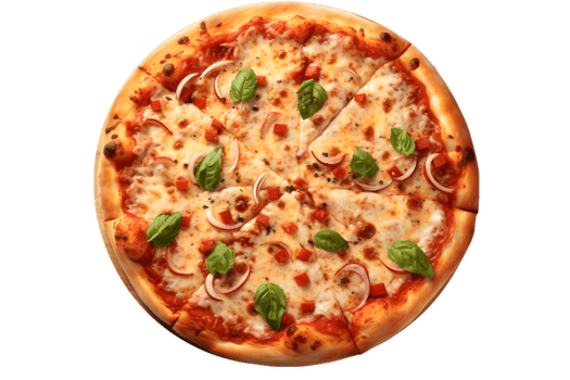 Pizza with bacon, mozzarella and tomato on transparent background png