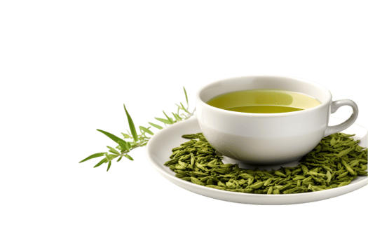 Cup of green tea with dry tea leaves on transparent background png