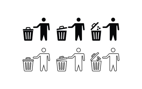 icon of person with trash can and throwing trash inside silhouette and outline design on white background vector