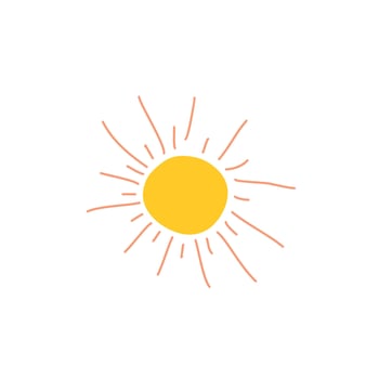 Yellow Doodle Summer Sun Icon. Design Cartoon Flat Illustration Isolated on White Background. Vacation Theme, Warm and Light. Design Element for Sticker, Print, Card, Get well. vector