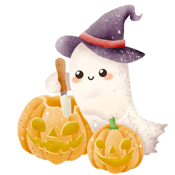 Watercolor Hand drawn illustration cute ghost carving a jack o lantern isolated spooky halloween cartoon character element png