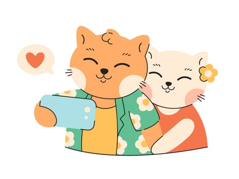 Cute cat couple taking a selfie with a smartphone. Animal love couple. Summer time, summer holidays, vacation vector