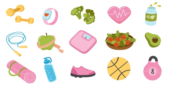 Weight loss set. Cute elements. Fitness and healthy lifestyle icons collection. vector