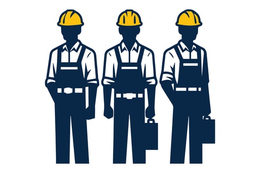 Silhouettes of Construction Workers with Tools and Hard Hats vector