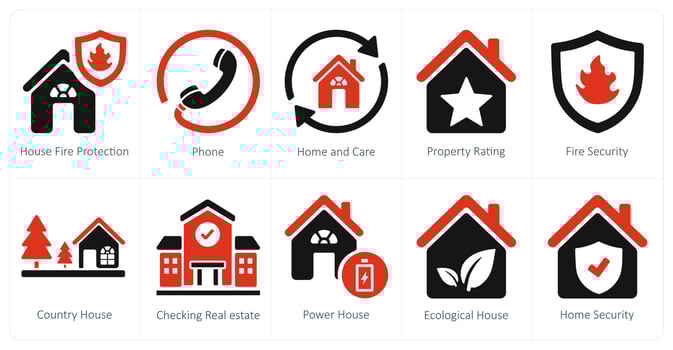 A set of 10 Real Estate icons as house fire protection, phone, home and care vector