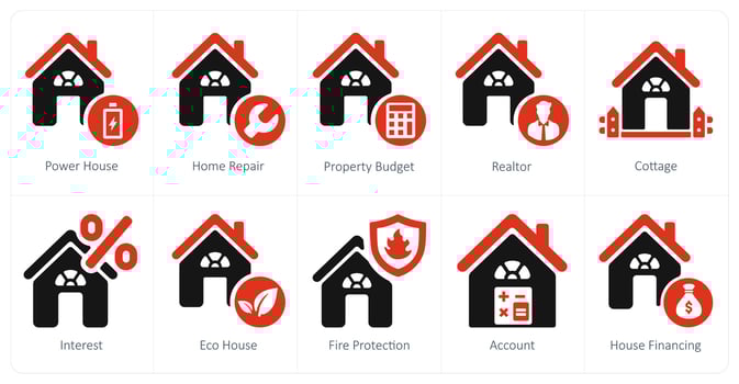 A set of 10 Real Estate icons as power house, home repair, property budget vector