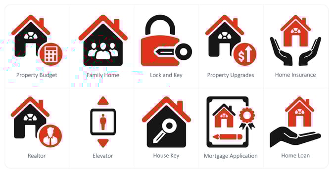 A set of 10 Real Estate icons as property budget, family home, lock and key vector