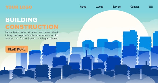 Banner for construction buildings company site flat design. Blue city building silhouette illustration vector