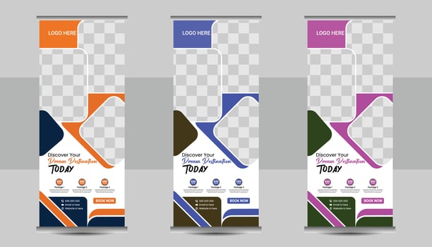 Travel vacation roll up banner design or pull up banner template vector