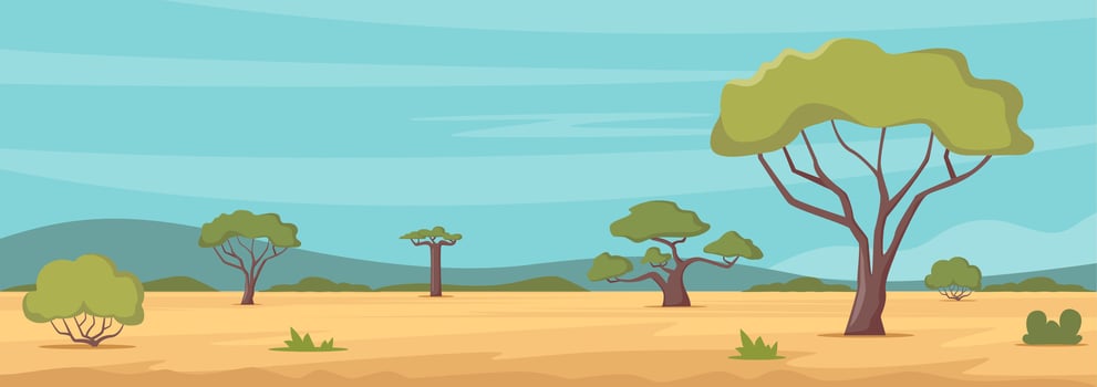 African savannah landscape with green trees, and plain grassland field under blue clear sky. Kenya panoramic view, wild nature. . vector