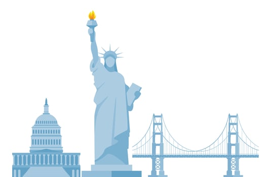 USA culture symbols. Liberty statue, capitol, golden gate bridge. American culture and history icons. . vector