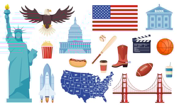 USA culture symbol set. Travel USA direction concept. American culture and history icons. . vector