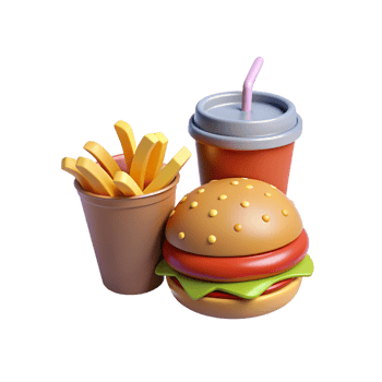 a hamburger, fries and drink on a white background png