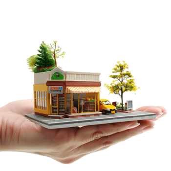 A small shopping mall holding a human hand ontransparent background png