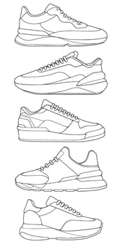 set of outline Cool Sneakers. Shoes sneaker outline drawing , Sneakers drawn in a sketch style, sneaker trainers template outline vector