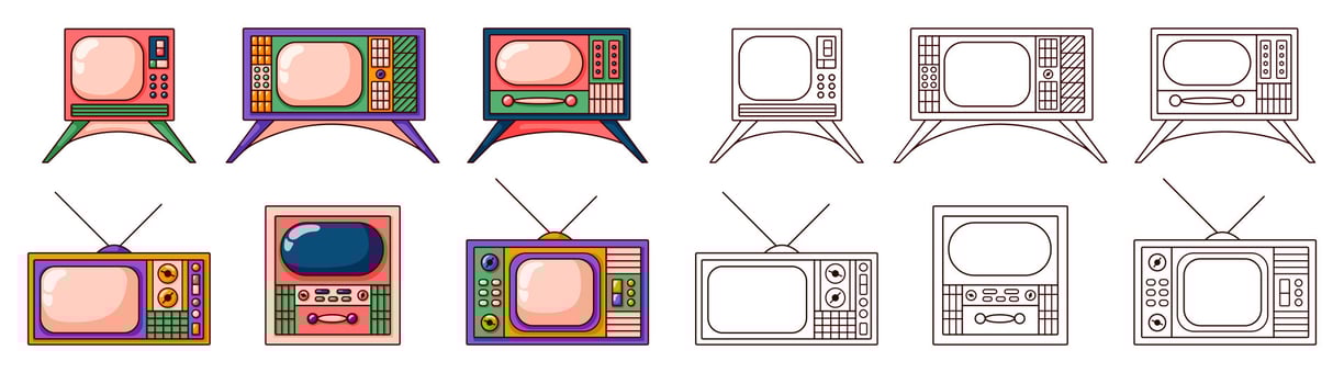 Retro TV set in pop cartoon style. Line art vintage pink collection with screen for coloring book design. illustration isolated on a white background. vector