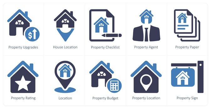 A set of 10 Real Estate icons as property upgrades, house location, property checklist vector