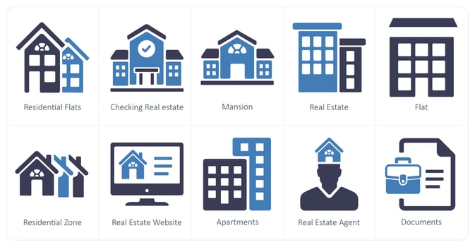 A set of 10 Real Estate icons as residential flats, checking real estate, mansion vector