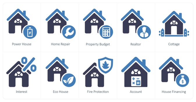 A set of 10 Real Estate icons as power house, home repair, property budget vector