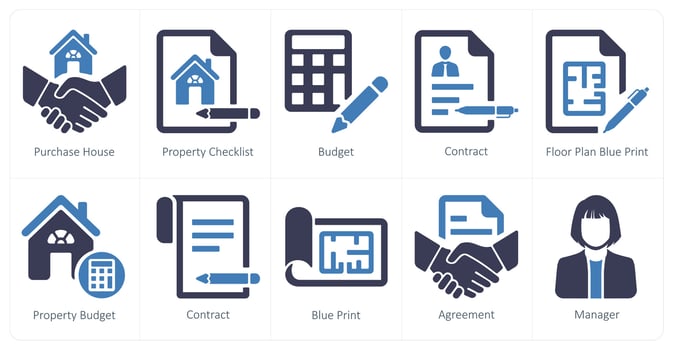 A set of 10 Real Estate icons as purchase house, property checklist, budget vector