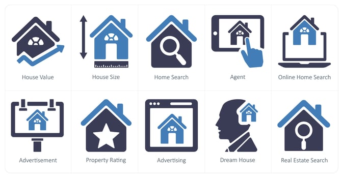 A set of 10 Real Estate icons as house value, house size, home search vector