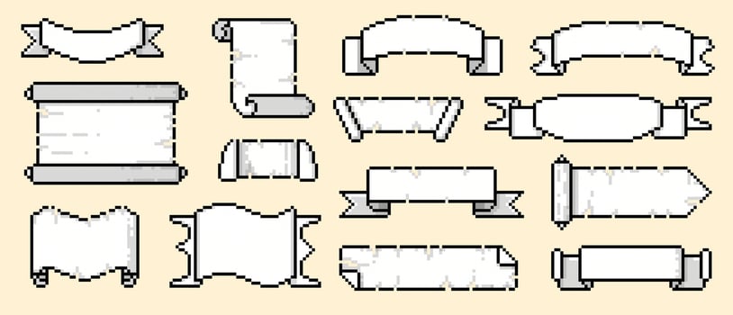 Pixel scroll frame. Retro game asset scroll frames, blank ancient parchment paper for map and text, sprite design. 8 bit banner pixel scroll frame isolated collection vector