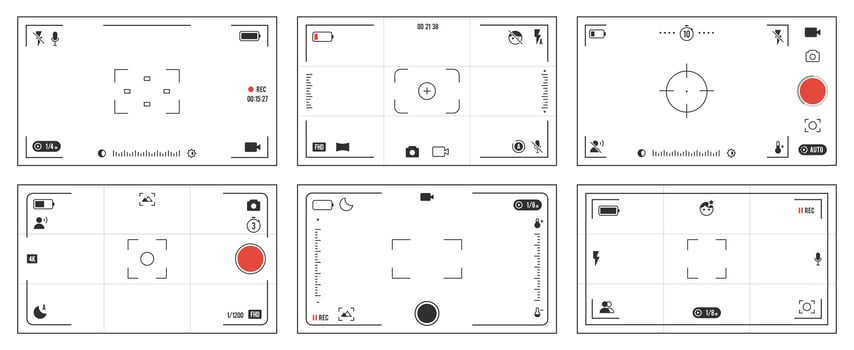 Camera viewfinder ui. Photo and recording screen interface of camera, dslr camera and camcorder viewfinder graphic elements. viewfinders ui isolated set vector