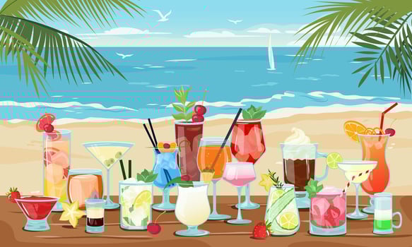 Banner alcoholic drinks mix bar with seashore background. Big set illustrations of summer beach cocktails with cut fruits and ice cube for party. Cocktails party invitation. vector