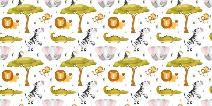 Cute baby African jungle animals Lion, zebra, crocodile, elephant, monkey, toucan. Watercolor seamless pattern. Childish background. Safari Print for design kid's goods, cards, fabric vector