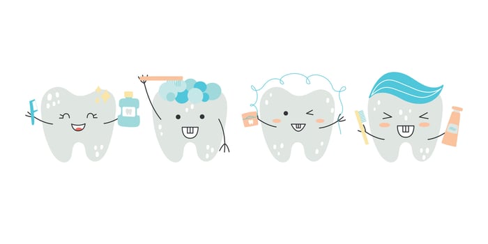 Illustration featuring kawaii-style tooth characters holding dental hygiene items. vector