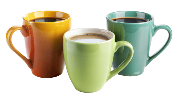 Three cups of coffee with different colors png