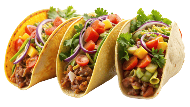 Three tacos with lots of vegetables and meat png