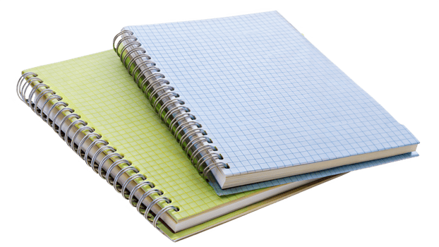 Two spiral bound notebooks with a green and blue cover png