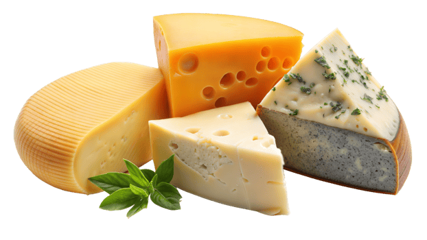 A variety of cheeses are displayed on a transparent background png