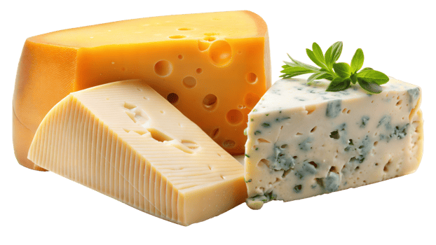 A close up of four different types of cheese, including a wedge of blue cheese png