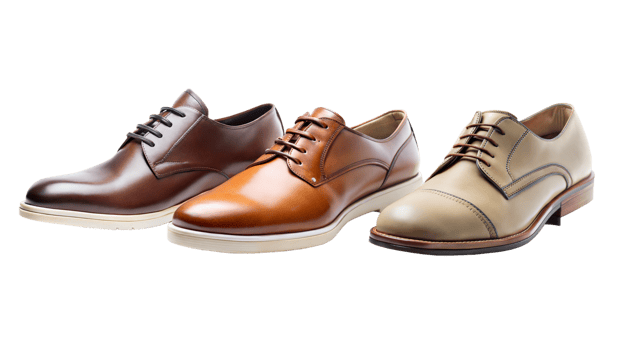 Three different colored shoes are shown, with the tan shoe being the tallest png