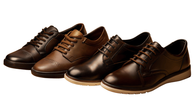 Four brown shoes are lined up next to each other png