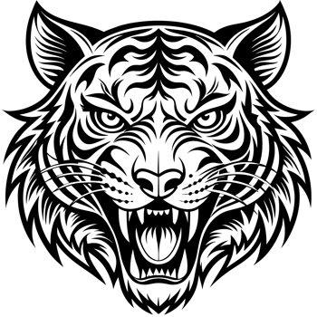 A detailed black depiction of a roaring tigers head, showcasing intricate line work and sharp features png