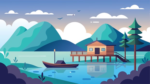 A serene lake with a small house and a boat on it vector