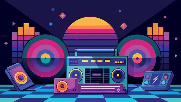 A colorful, neon-lit room with a boombox and a cell phone vector