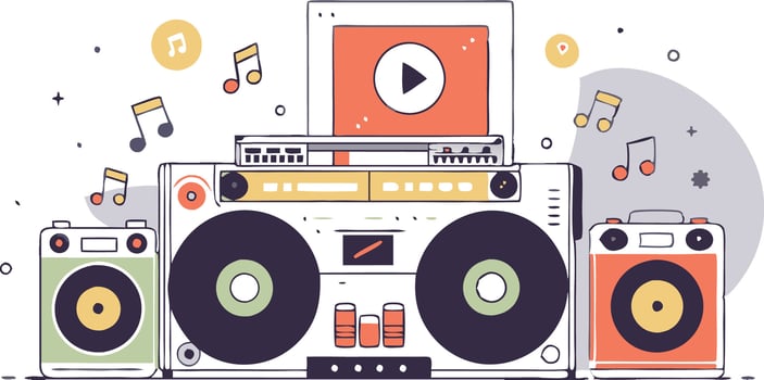 A cartoon drawing of a boombox with a playing on it vector