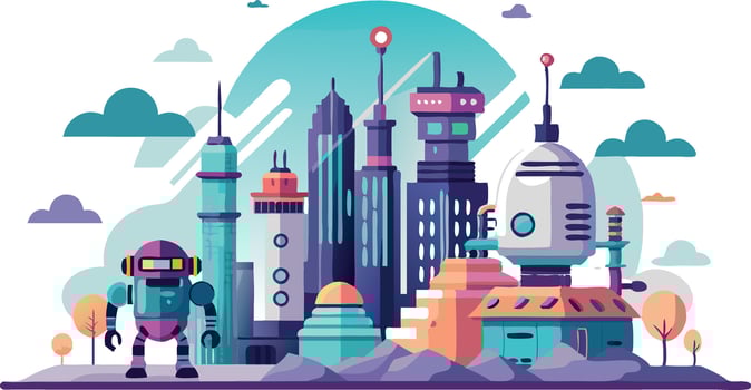 A cityscape with a robot and a spaceship in the foreground vector