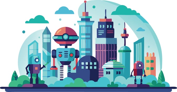 A cityscape with robots and buildings vector