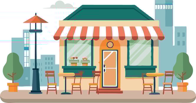 A colorful storefront with a red and white awning and a green roof vector